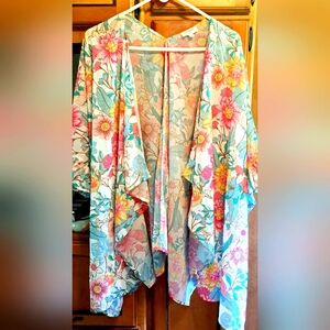 Ladies Umgee Kimono Floral Ruffle Trim Sleeve Wrap Cream Teal Pink  Lrg/XL